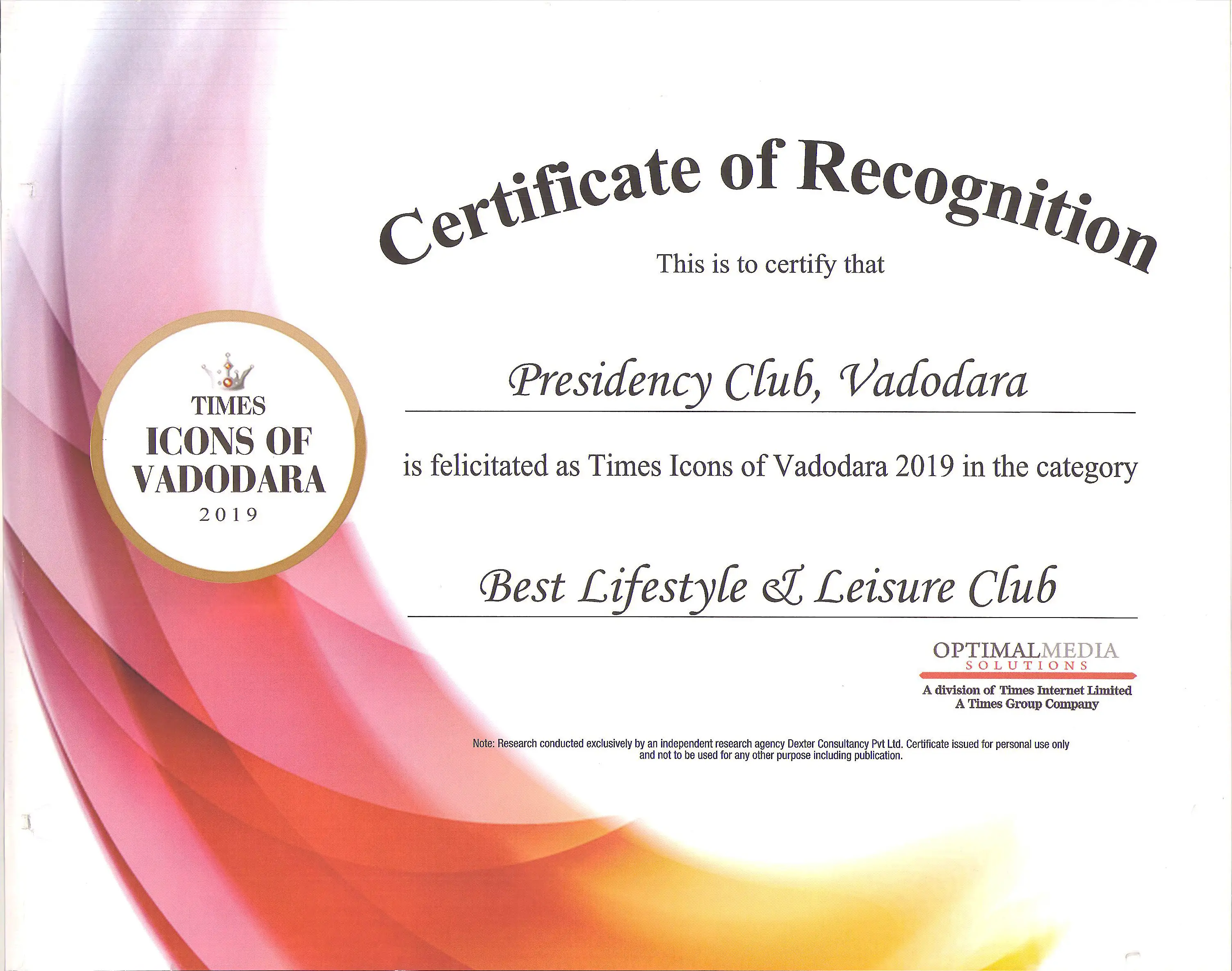 Times of India Best Lifestyle Leisure Club Award